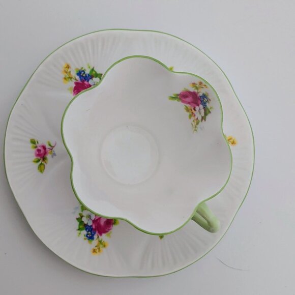 Shelley China Hulmes Rose Teacup & Saucer Dainty Shape Floral Design Green Trim - Picture 6 of 14